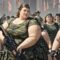 Tall fat beauty female army with big breasts and buttocks walks  to war